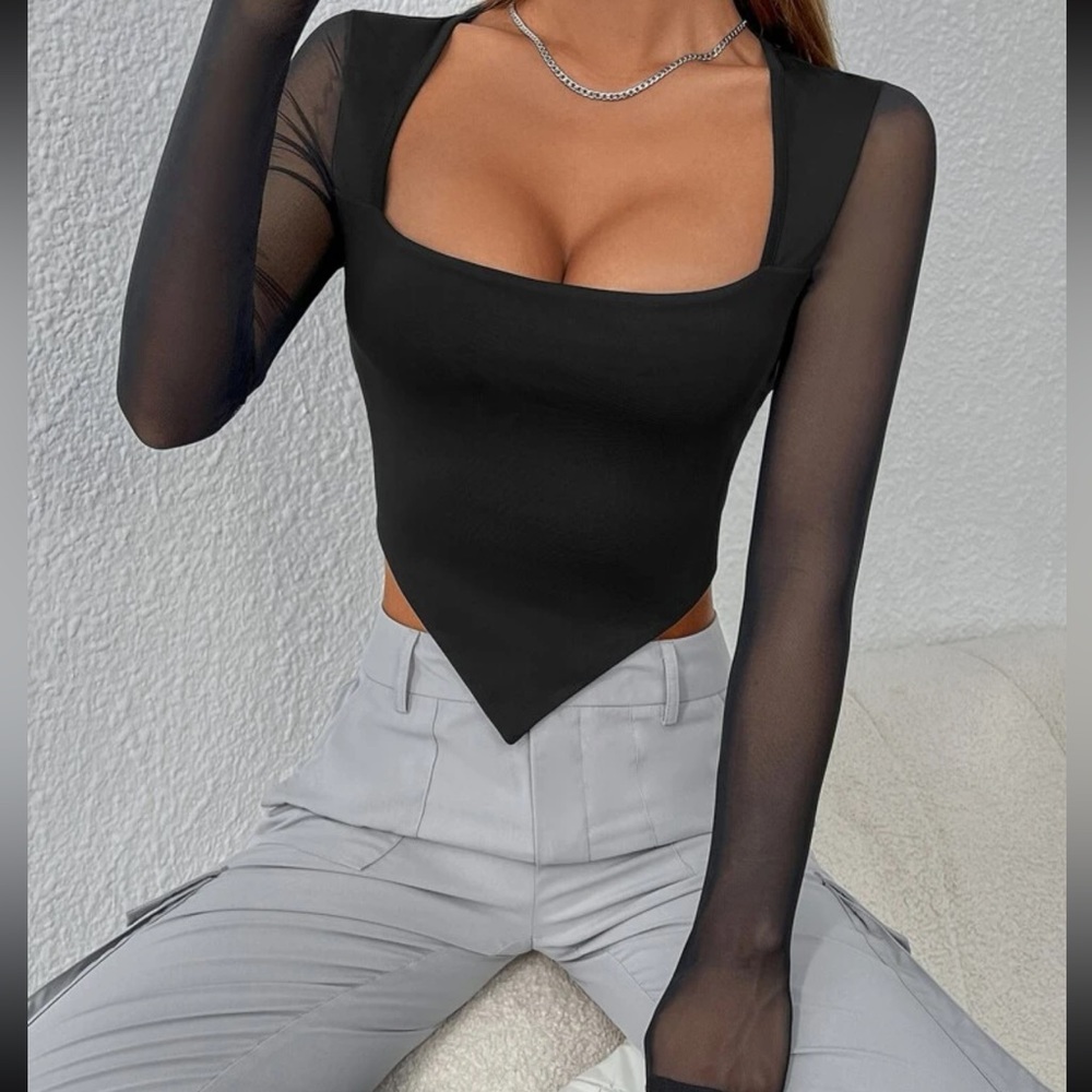 Black Sheer Sleeve Long Sleeve Crop Top